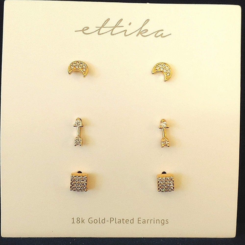 NWOT ettika Moon, Arrow, Square stud set 18k gold plated